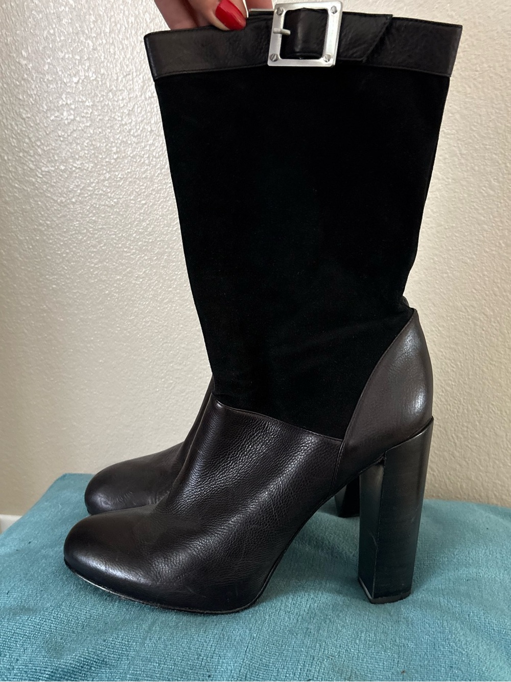Rachel Zoe Size 10 Black Leather Suede Mid Calf Boots High Block Heel Buckle